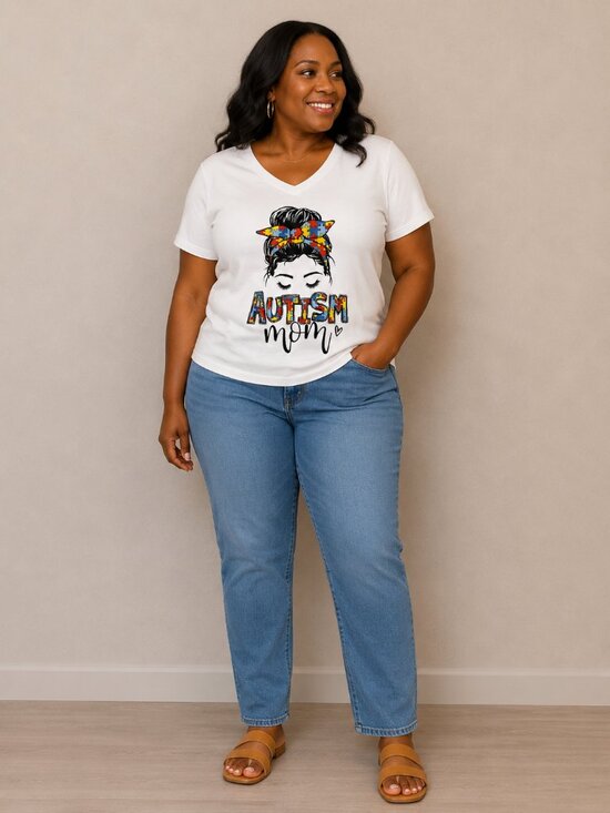 Tops - Autism Mom Puzzle-Print V-Neck Tee - White